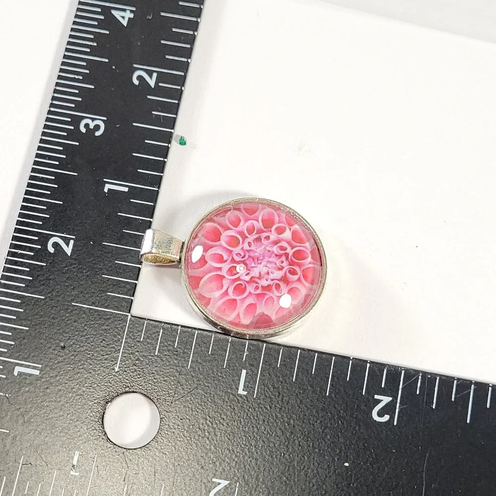 Pink Dahlia Flower Pendant Silver Tone Glass Cabochon Floral Charm Jewelry